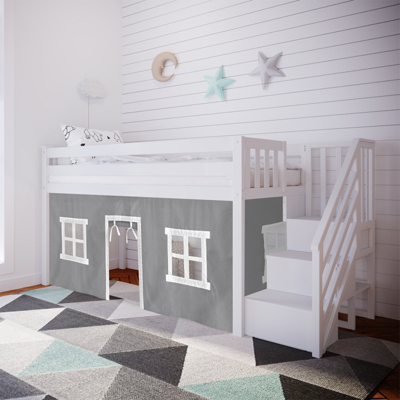 Lit mezzanine simple avec escalier et rideau de jeu Glyndon Kids, Blanc, gris