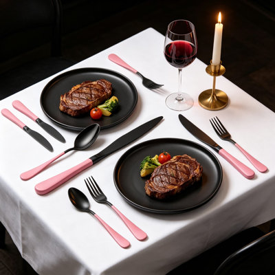 Ensemble de couverts 20 pièces noir et rose pour 4 couverts en acier inoxydable 18/0 comprenant couteaux de table, fourchettes, cuillères, fourchettes à salade, cuillères à café et ensemble d'ustensiles allant au lave-vaisselle