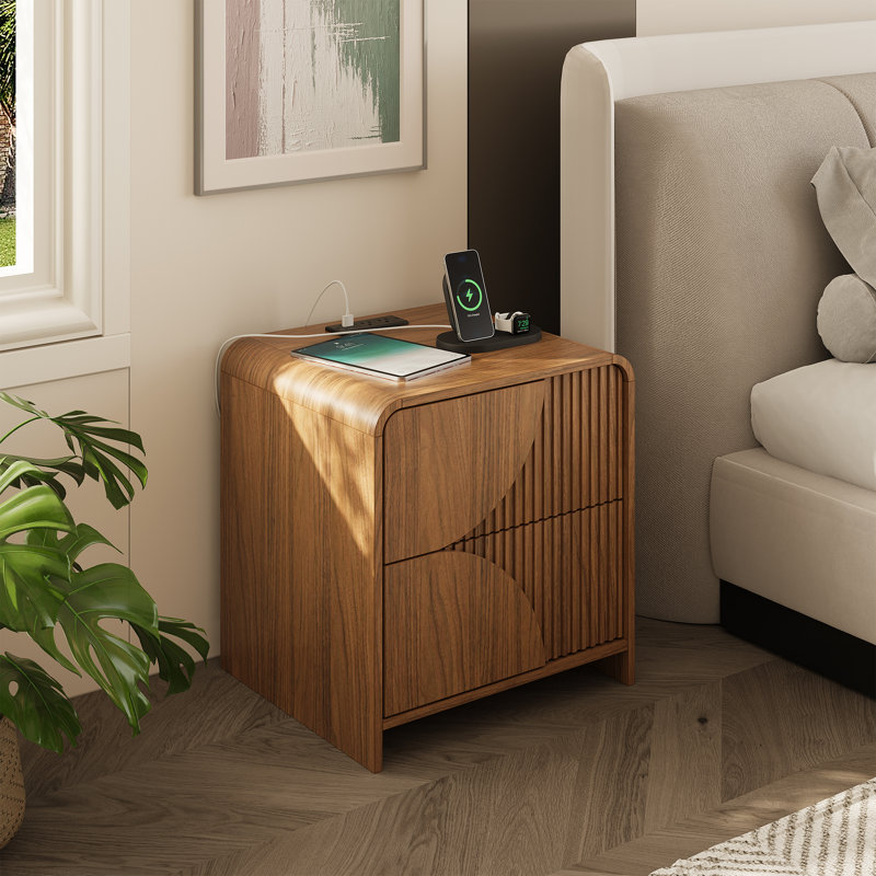 2 - Drawer Fluted Nightstands With Charging Station, Walnut