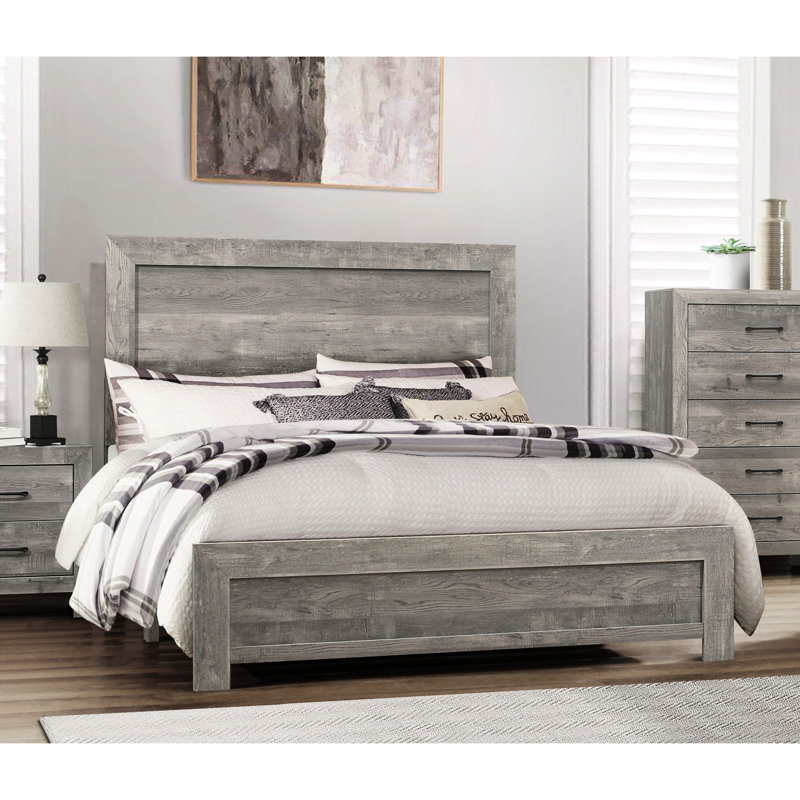 Très grand lit rustique gris, lit en bois avec sommier et rails