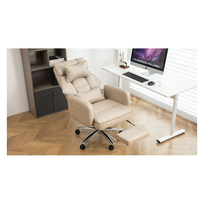Fauteuil de bureau beige ergonomique à haut dossier avec support lombaire - Fauteuil de direction inclinable et pivotant à 155 °, Fauteuil d'ordinateur en cuir avec repose-pieds