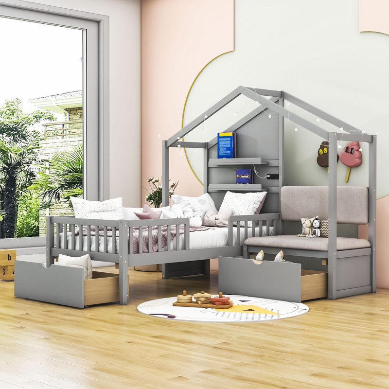 Boyadjis Twin 2 Drawers Wood Platform Bed with Upholstered Sofa and Shelves by Harper Orchard, Gray