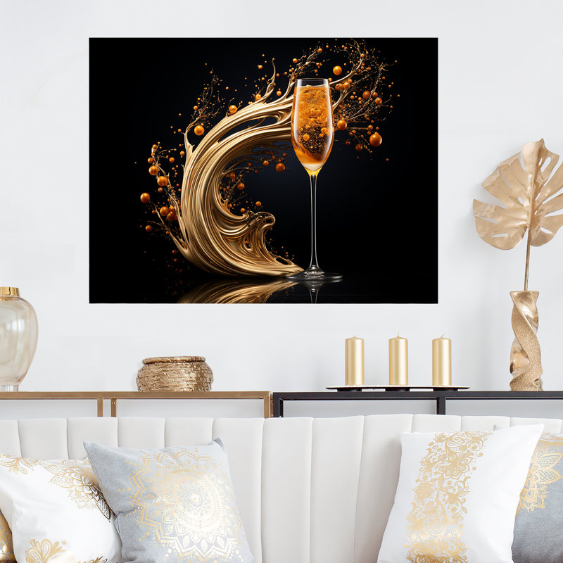 Champagne Spiral Glass Gold Splash - Champagne, art mural en métal, H 12 po x l 20 po x P 1 po