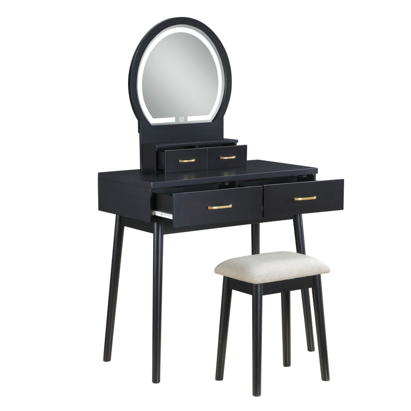 Elegant Vanity With Black Finish, Led Lighted Mirror, 4 Smooth - Gliding Drawers, And Matching Stool For Bedroom Sleek Contemporary