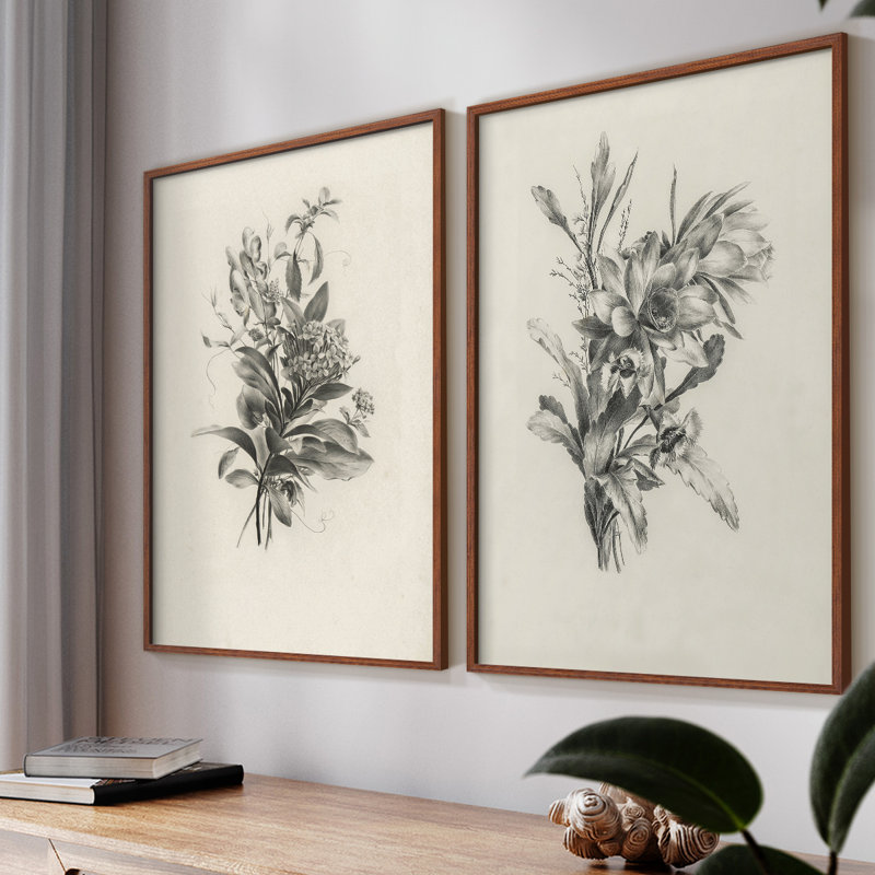 «Vintage Floral LXIX», impression giclée sur cadre - ensemble de 2, Noyer, H 12 po x l 30 po