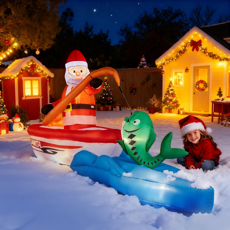 Décoration de Noël gonflable illuminée 10 pi avec pêche pour père Noël