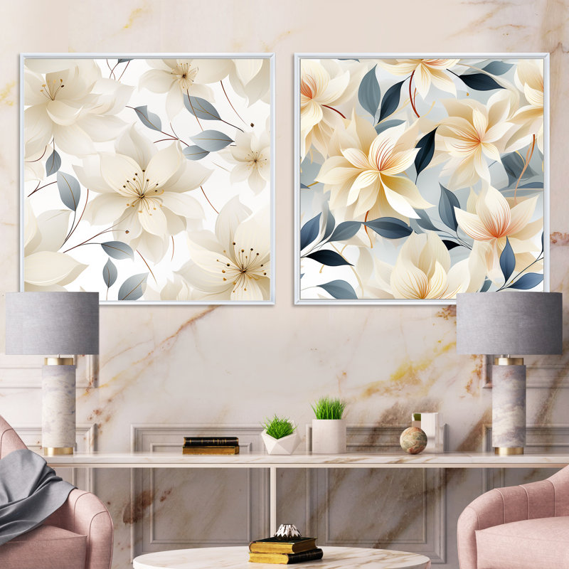 Fantine, motif floral élégant - ensemble de 2 collages carrés botaniques abstraits, Cadre flottant blanc, H 30 po x l 61 po