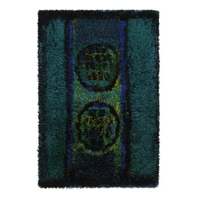 Vintage Swedish Rya Rug, Bold Scandinavian Motifs In Teal Blues - Rug & Kilim