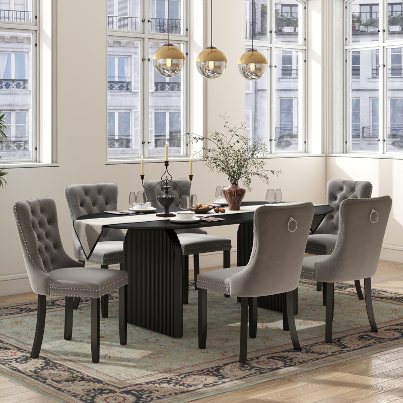 Ensemble de salle à manger Mid-Century, Noir, 7 pièces : table, 6 chaises, Gris