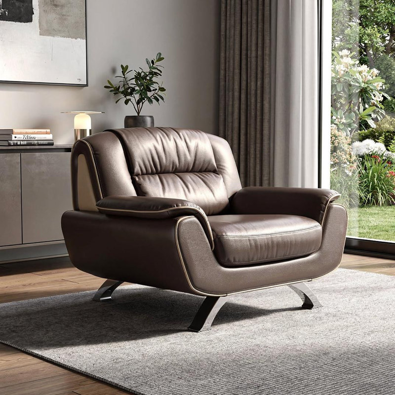  Fauteuil club brun en cuir avec accents argentés et rembourrage moelleux, Brown