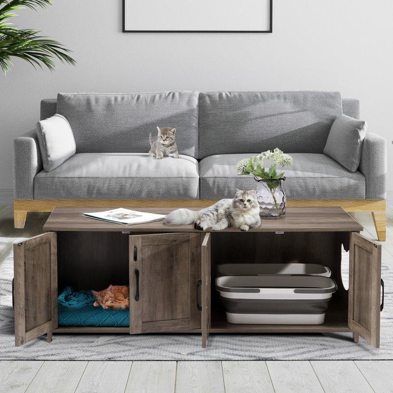 Rustic Gray Wooden Cat Litter Box Enclosure with Dual Chambers