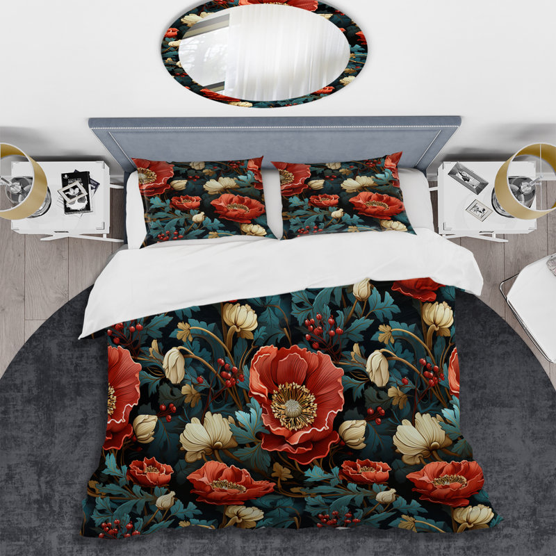 Blue And Red Poppy Flowers Pattern I Floral Duvet Cover, Twin Duvet Cover + 1 Standard Sham