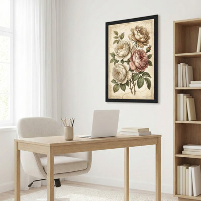 Toile noire encadrée en bois noir pour salon, chambre à coucher, bureau ou vestibule - décoration murale décorative avec roses rétro
