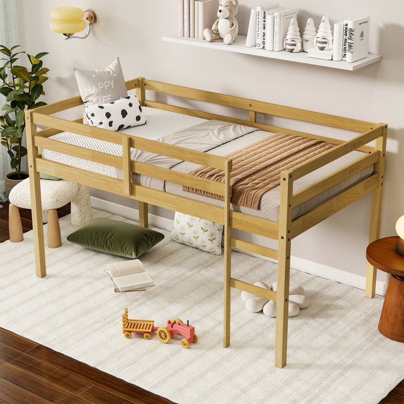 Lit mezzanine simple en bois massif pour enfants avec garde-corps et échelle, taille simple: simple, Lit simple, Naturel