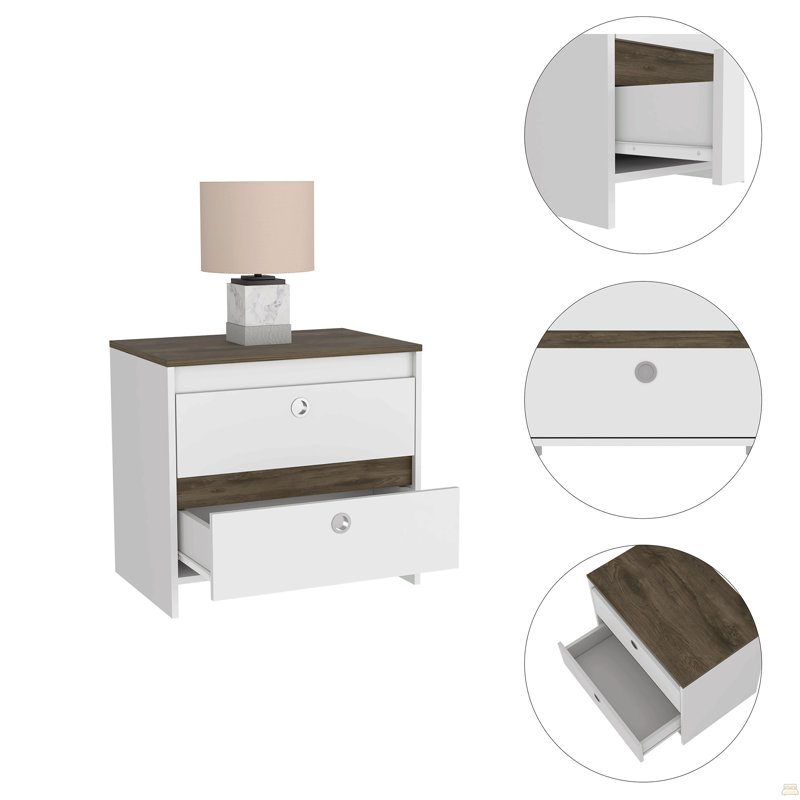 Table de chevet, plateau supérieur, une tablette ouverte, un tiroir, quatre pieds
