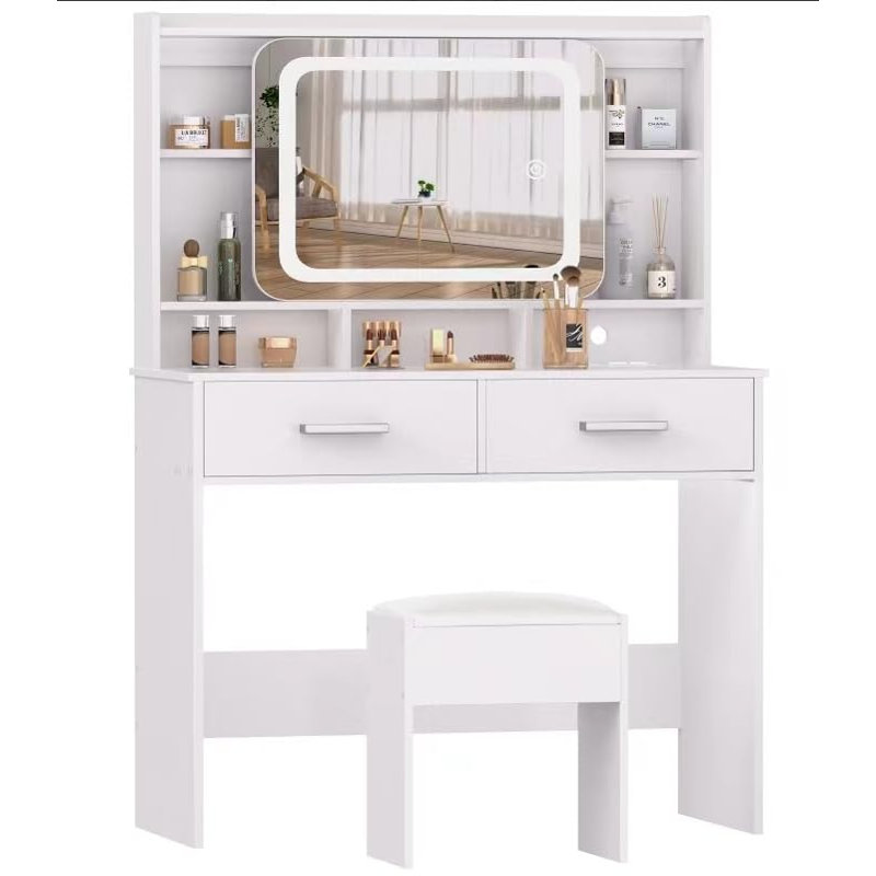 LED Lighted Vanity Desk Set with Mirror & Storage Shelves – 3-Piece White Makeup Vanity Table with Drawers, White