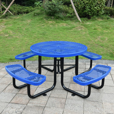 46" Round Picnic Table In Blue With Umbrella Stand, Steel - For Picnics, Tailgate Parties, Backyard Gatherings Outdoor Socket, Bbq, Celebrations