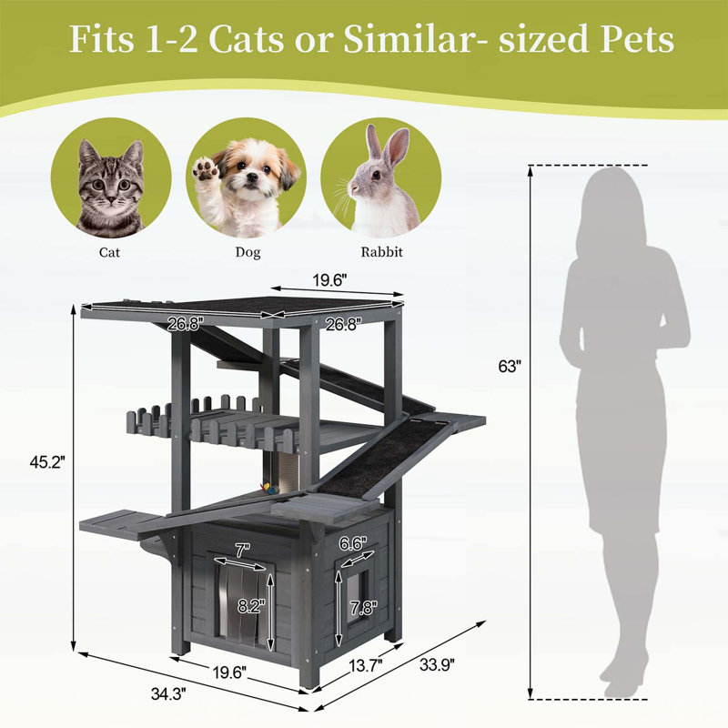 Maison pour chat à 4 niveaux avec toit imperméable, 2 portes, zones de jeu à plusieurs niveaux et conception résistante aux intempéries pour petits animaux, gris