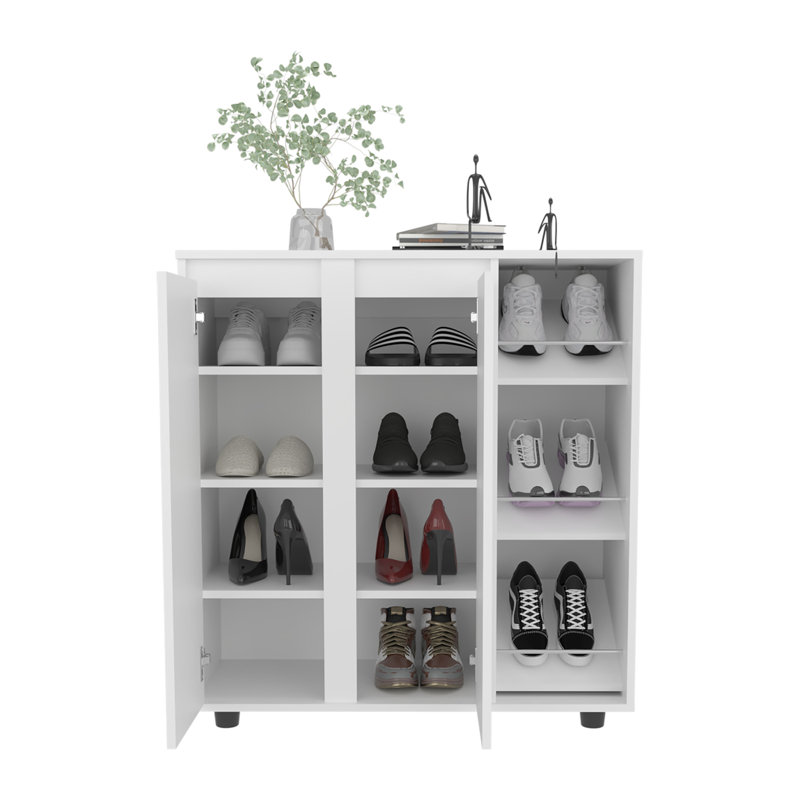 Range-chaussures blanc avec 3 tablettes latérales, rangement compact pour chaussures, bottes et accessoires | Idée de cadeau