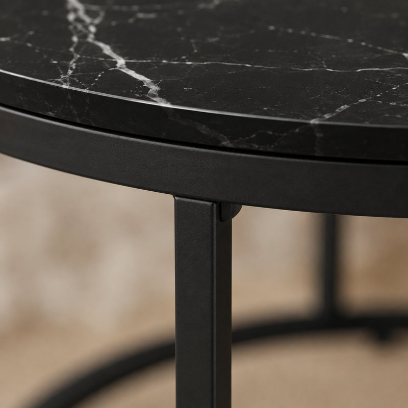 Ensemble de 2 tables basses rondes gigognes, dessus en marbre, structure en métal noir, Noir
