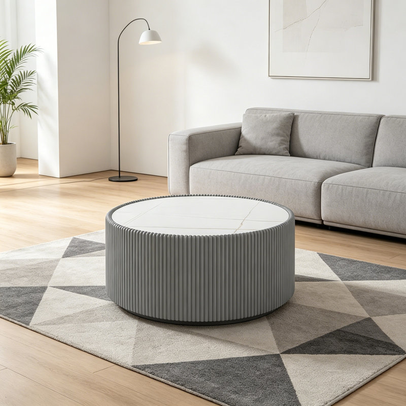 Table basse cylindrique avec base robuste, Gris, blanc et or