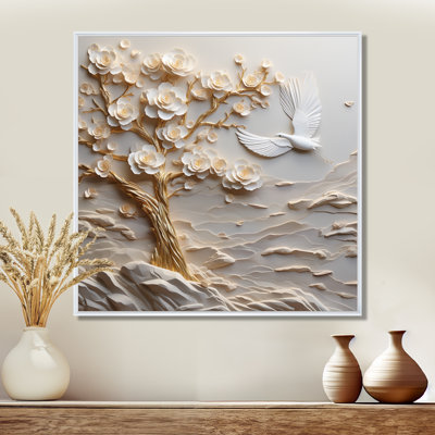 Tree Of Peace With White Flowers And White Dove - Tree Wall Art Decor