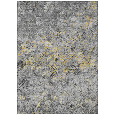 Tapis extérieur lavable à motif géométrique argenté et gris anthracite 8 pi x 10 pi