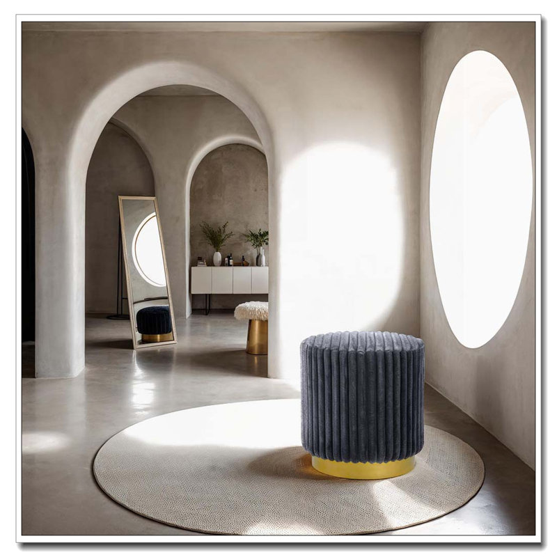 Channel‑Tufted Accent Stool – Dark Gray Fur‑like Fabric – Gold Stainless Steel Base, Dark Gray