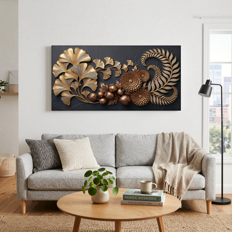 Ensemble de 1 tableau sur toile Feuilles dorées, L 32 po x H 16 po, Toile tendue