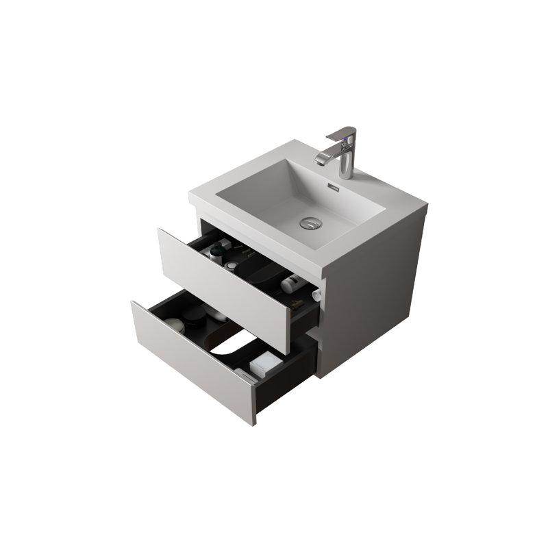  Meuble-lavabo flottant blanc minimaliste 30 po avec lavabo en résine intégré et tiroirs en U, 30"