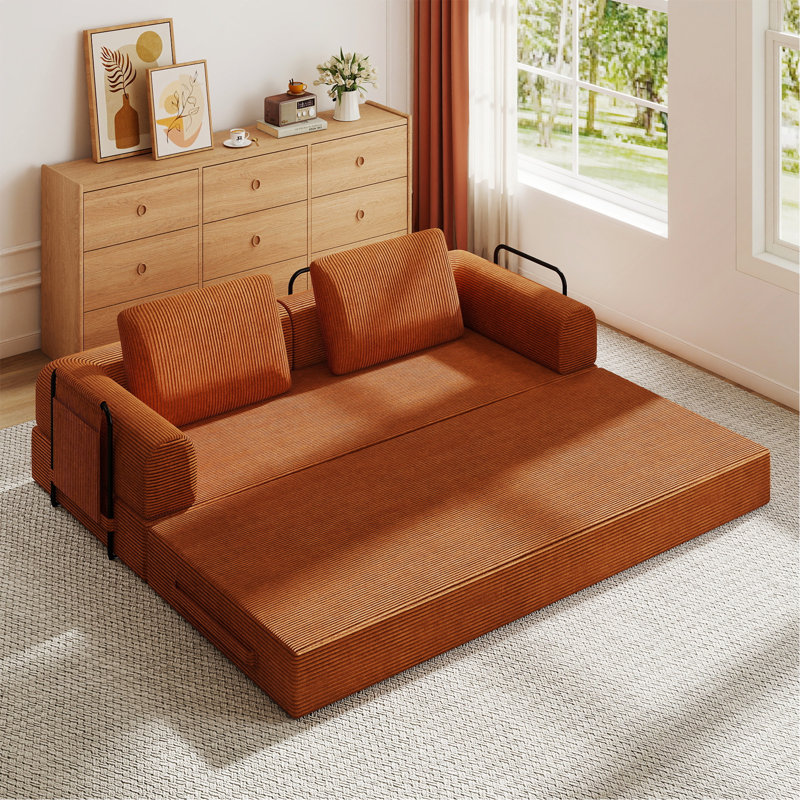 Canapé-lit convertible avec coussin cylindrique - Coussin en velours côtelé avec cadre de forme fixe pour le salon, la chambre à coucher, le salon, le studio-orange