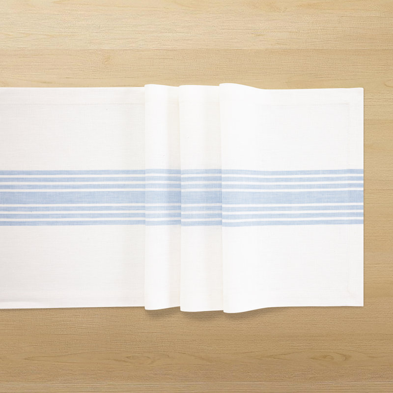 Farmhouse - 100% Pure Linen Table Runner, 72" x 14", Dusty Blue/White