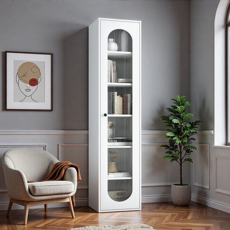 Tall Display Cabinet & Bookshelf Perfect For Living Room, Kitchen, Bedroom & Office - Storage Cabinet With 6 Storage Shelving & 1 Glass Door