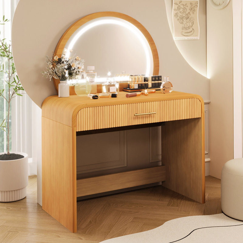 39-Inch Makeup Vanity With Touch Screen Lighted Mirror, Natural Look And Feel, Drawer For Jewelry, Curved Edges, Multi Bedroom Height, Led Storage, Dual Function