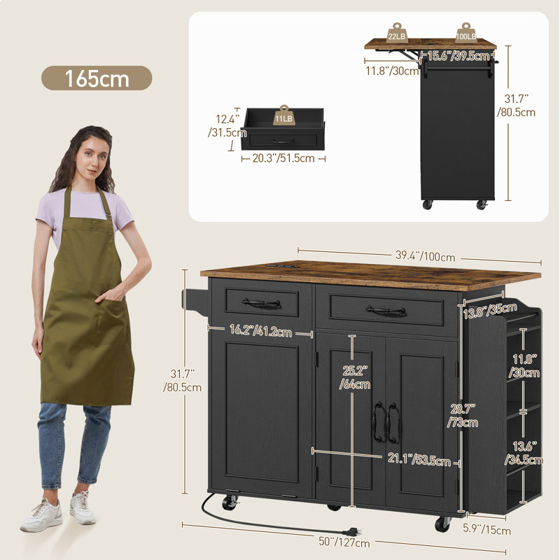 39.4" Kitchen Island with Power Outlet, Drop Leaf & Trash Can Storage, Rolling Cart with 3-Tier Spice Rack, Black