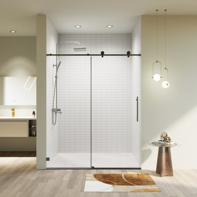 Portes de douche coulissantes simples sans cadre à fermeture en douceur de 56 à 60 po x H 74 po, porte de douche coulissante pour salle de bain, porte en verre trempé épais de 5/16 po (8 mm), noir mat