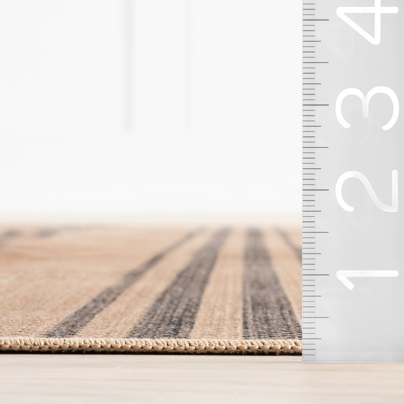 Natural Beige and Brown Striped Synthetic 9' x 12' Washable Area Rug