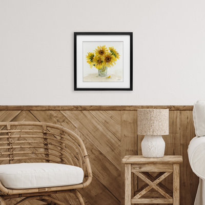 Unfurling Sunflowers Vase Framed Print Under Glass, design by Patti Bishop