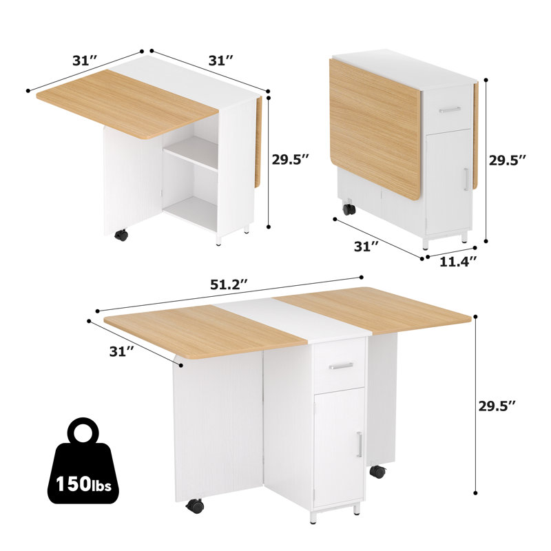 Folding Dining Table With Drawers and Cabinets, Natural