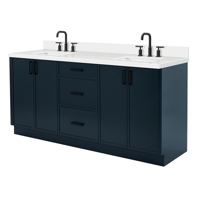 ARIEL Kelly 73 Double Sink Bathroom Vanity with Pure Quartz Top, Midnight Blue, Rectangular, Pure White Quartz