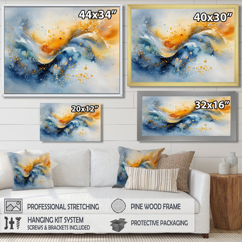«Blue Yellow Dream Lines IV - Abstract Collages», reproduction sur toile, H 24 po x l 32 po, Cadre flottant, Brun