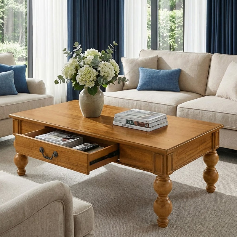 Table basse Vintage Farmhouse avec tiroir de rangement et pieds tournés en bois massif pour le salon, Naturel