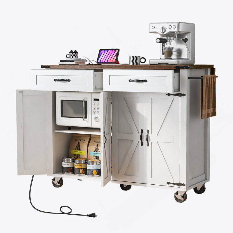 Farmhouse-Style Rolling Kitchen Island With Drop Leaf, Built-In Power Outlets, Adjustable Shelving, Spice Rack, And Locking Wheels For Flexible Storage And Workspace.