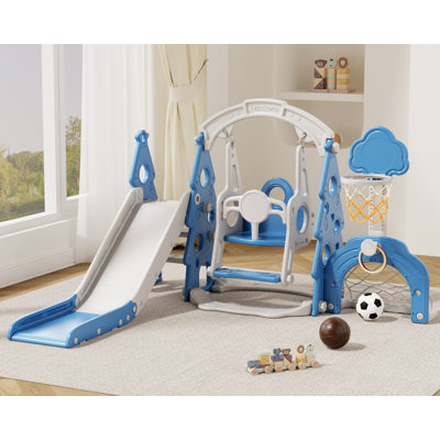 6-in-1 Kids Slide And Swing Set, Toddler Slide With Basketball Hoop, Swing, Soccer Goal