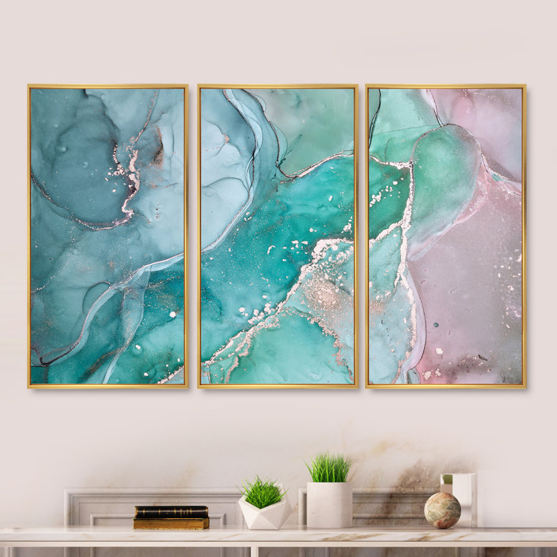 Turquoise abstrait marbré - 3 pièces, reproduction sur toile flottante, Encadrement doré, H 20 po x l 36 po x P 1 po