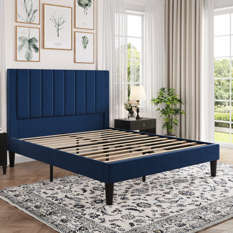 Velvet Upholstered Platform Bed With Headboard & Wooden Slats, Queen, Navy Blue