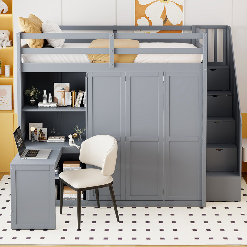 Loft Bed With Wardrobe, Gray