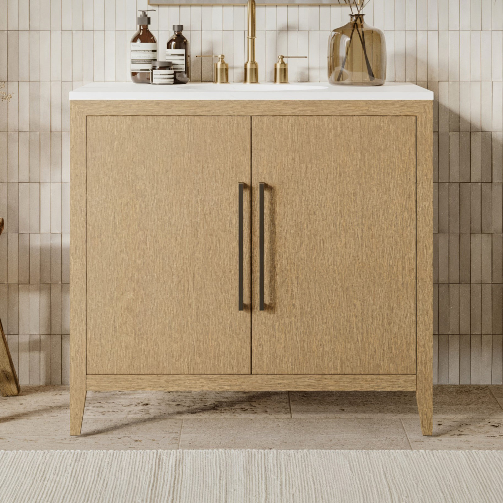 Alsup 30" Acacia Single Bathroom Vanity, White, Wire Brushed Oak
