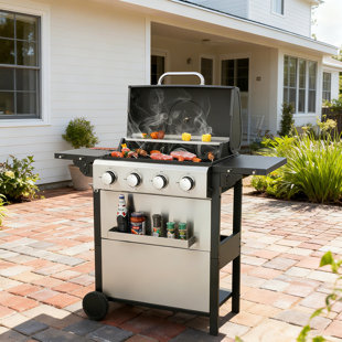 Propane Gas Grill With Side Table Stainless Steel Cooking Grids Warming Rack Thermometer And Wheels