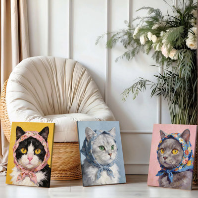 3 pièces d'art mural encadrées, ensemble de 3 chats mignons, art mural sur toile avec écharpe florale, peintures colorées de portrait d'animal de compagnie pour le décor de chambre à coucher de salon, impression d'animal moderne, décoration de haute qualité, prêt à accrocher